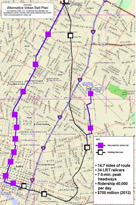 TAPT "loop" plan from the early summer of 2012 proposed a 14.7-mile route "looping" around the heart of the central city, including a line in the G-L corridor, plus a branch to Mueller. Map: TAPT. (Click to enlarge.)