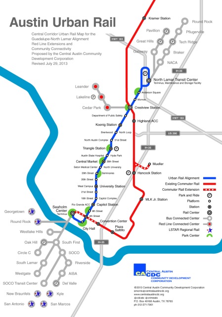CACDC's Central Corridor urban rail plan (blue), with MetroRail (red) and various bus links (grey). Map: CACDC 