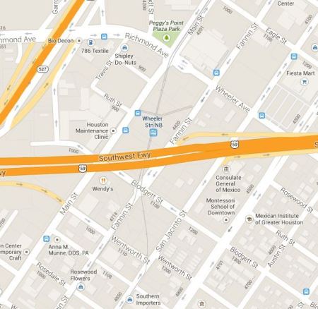 Map showing MetroRail transition from Main St to Fannin-San-Jacinto (Screen capture by L. Henry from Google Maps).