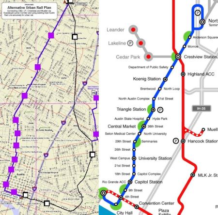 TAPT plan (left) and CACDC plan (right) both propose Guadalupe-Lamar as the major focus of Austin's Phase 1 urban rail starter line.