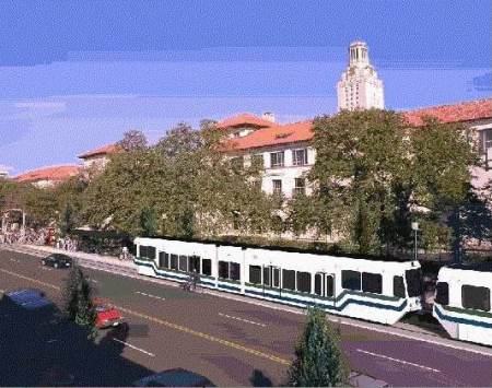 Rendition of LRT train on Guadalupe (the Drag) passing UT campus. Graphic: Capital Metro, via Light Rail Now.