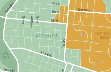 West Campus neighborhood is area in light green just to west (left) of the Drag (Guadalupe, vertical white line just to right of center). UT campus shown in orange. Map: The Galileo, rev. by ARN.