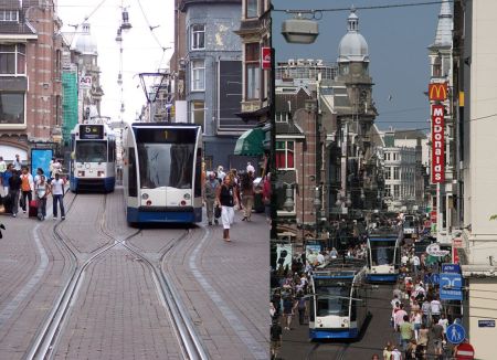 Two views of the Leidsestraat. LEFT: A #1 tram, heading away from camera, has just left the interlaced section onto double track, passing a #5 tram headed toward the camera and the interlaced section. (Photo: Stefan Baguette) RIGHT: You can see the stead stream of trams, sometimes just a couple of minutes apart, passing the heavy flows of pedestrians on each side. (Photo: Mauritsvink)