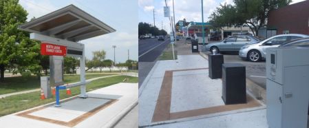 MetroRapid bus stations are minimalist, low-cost, modular (movable). LEFT:  Completed station at North Lamar Transit Center (Photo: Downtown Austin Alliance) • RIGHT: Bus stop on Guadalupe at 39th St. being upgraded for MetroRapid (Photo: Mike Dahmus)