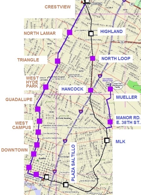 TAPT proposes "loop" line, with routes on both Guadalupe-Lamar and eastide through converting the MetroRail line to electric light rail — plus a spur to Mueller.