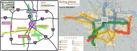 LEFT: Houston urban corridor planning map (City of Houston). RIGHT: Portland high-capacity transit (HCT) planning map (Transport Politic).