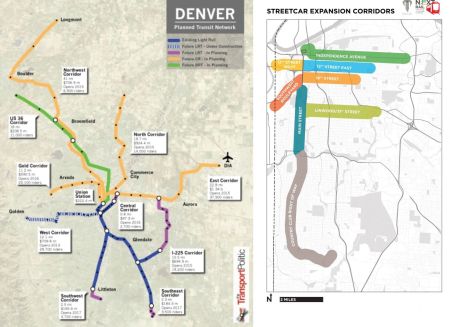 LEFT: Denver — planned transit corridors (RTD). RIGHT: Kansas City — Proposed streetcar expansion corridors (NextRail-KC).