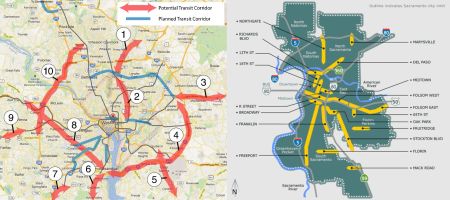 LEFT: Washington — potential transit study corridors (WMATA). RIGHT: Sacramento — Designated commercial corridors (City of Sacramento).