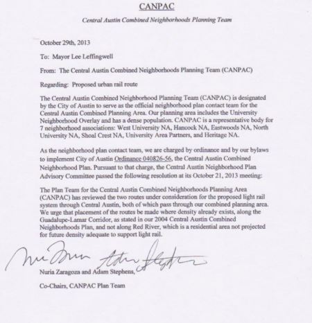 Image of memo conveying G-L endorsement from CANPAC to Austin Mayor Leffingwell.