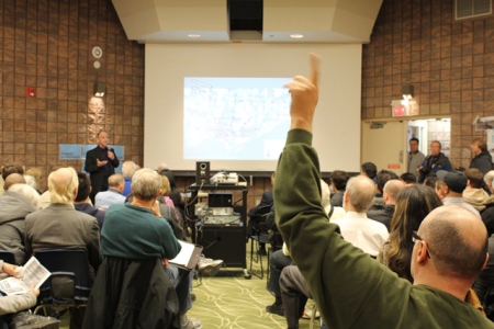 Real community meetings, such as this one focused on transit options in Toronto, allow free and open discussion and facilitate questions and comments from the attendees. In contrast, Project Connect's events have squelched community discussion and sought to manage and muzzle discussion. Photo: Torontoist.