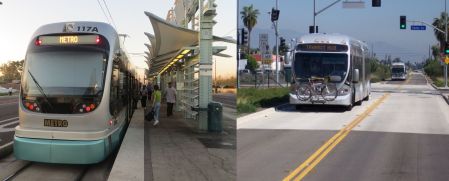 Phoenix light rail transit (LRT, left); Los Angeles Orange Line “bus rapid transit” (BRT, right). Photos: L. Henry.