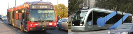 MetroRapid bus (left) and simulation of urban rail (right). Actual FTA view expresses openness to consider replacing MetroRapid service with urban rail in North Lamar corridor. Photo: L. Henry; simulation: COA.