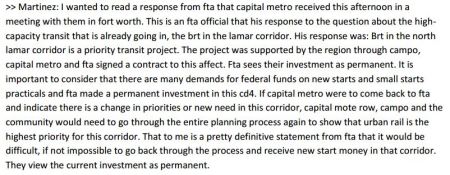 City of Austin transcript excerpt with Councilmember Mike Martinez's Dec. 12th remarks on FTA, MetroRapid, and urban rail for North Lamar. Screenshot: L. Henry.