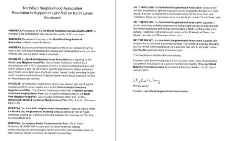 Screenshot of Northfield NA resolution supporting light rail transit on Guadalupe-Lamar corridor. (Click to enlarge.)