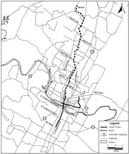 Capital Metro's 2000 MOS (dashed line) and full Phase 1 light rail plan. Map: FTA. 