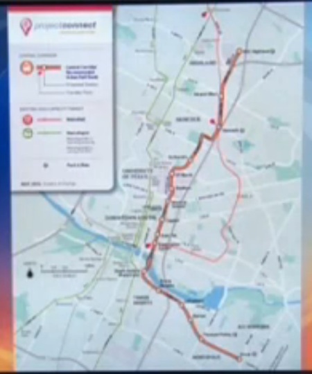 Map of Project Connect's urban rail proposal, as shown by KEYE-TV. Despite blurry image quality, the convoluted, meandering character of the route, well to the east of central Austin and its core axis, can be seen. Screenshot: L. Henry.