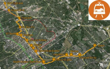 Project Connect's proposed line, criticized for avoiding Austin's central axis and most serious mobility needs, would run 9.5 miles from the Highland site (north) to a terminus on East Riverside (southeast). Map: Project Connect.