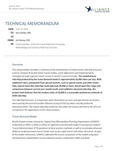 Screenshot of page 1 of Alliance Transportation Group's Technical Memorandum on Project Connect's ridership forecasting methodology.
