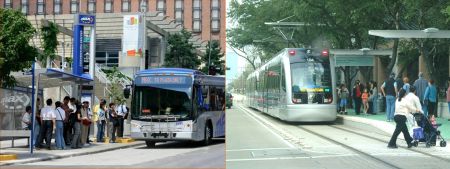 Passenger stations of Kansas City's MAX "BRT" (left) and Houston's MetroRail LRT (right) illustrate significant design differences between bus and LRT facilities. Thus major infrastructure, from running ways to stations, installed for "BRT" must be removed or reconstructed for LRT — a substantial expense and thus obstacle to rail. Photos: ARN library.