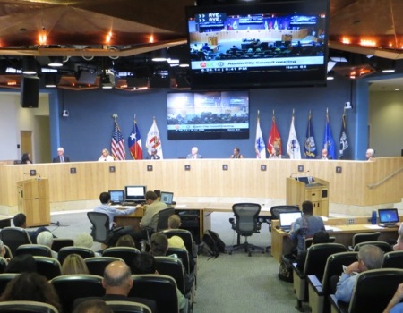 After squelching public input, Austin City Council votes unanimously on June 26th to endorse Project Connect's Highland-Riverside urban rail plan as Locally Preferred Alternative. Photo: L. Henry.