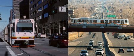 LEFT: Denver's starter LRT line, a 5.3-mile line opened in 1994, was routed and designed as a simple, surface-routed project to minimize construction time and cost. All-surface alignment avoided heavy, expensive civil works and kept design as simple as possible. Photo: Peter Ehrlich. RIGHT: Subsequent extensions, such as this West line opened in 2013, have required bridges, grade separations, and other major civil works, resulting in a unit cost 61% higher than that of the starter line. Photo: WUNC.org.