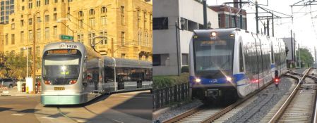 LEFT: Phoenix's Metro LRT — similar to Project Connect's proposed Highland-Riverside line — runs almost entirely in street and arterial alignments, with maximum speed limits, traffic signal interruptions, and sharp turning movements that slow running speed. Average schedule speed: 18.0 mph. (Photo: OldTrails.com)  RIGHT: Charlotte's Lynx LRT runs entirely in an exclusive alignment following a former railway right-of-way. Average schedule speed: 23.0 mph. (Photo: RailFanGuides.us)