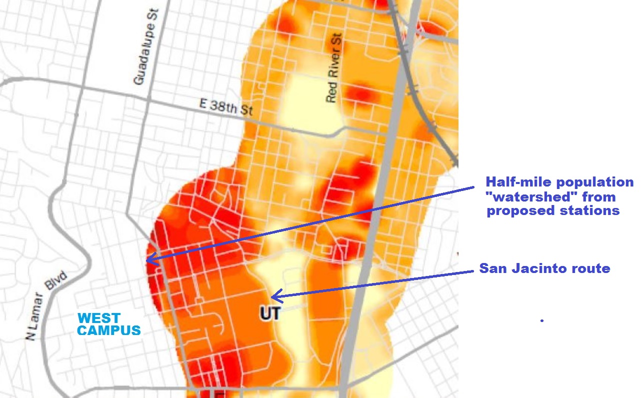 Project Connect map showing half-mile radius from proposed urban rail stations. Except for a mainly commercial and retail sliver along the Drag, most of high-density West Campus residential neighborhood is beyond station access radius.