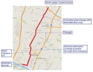 Proposed 6.8-mile "Plan B" light rail transit line in Guadalupe-Lamar corridor would have 17 stations and connect  the North Lamar Transit Center at U.S> 183 with Crestview, the Triangle, UT and the West Campus, the Capitol Complex, the CBD, and the Seaholm-Amtrak area. It's projected to serve 3 times the ridership of the Prop. 1 Highland-Riverside rail line at slightly over half the capital cost.