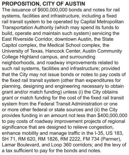 Excerpt from Travis County's sample ballot for Nov. 4th shows that the urban rail bonds measure will be titled just "Proposition, City of Austin". Screenshot by L. Henry.