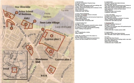 Map and key of East Riverside developments as of August 2007. Screenshot of scan of Statesman map by Dave Dobbs.