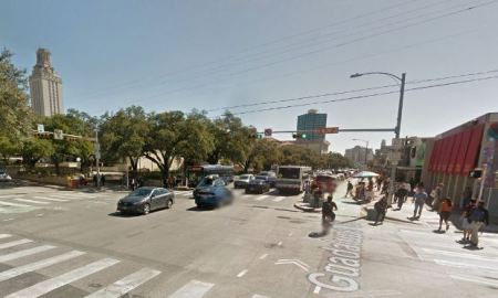 Guadalupe St. at W. 24th St., looking south. The Drag, passing one of the densest residential neighborhoods in Texas and busy commercial district, is major segment of high- travel-density Guadalupe-Lamar corridor. Photo: Google Maps Streetview.
