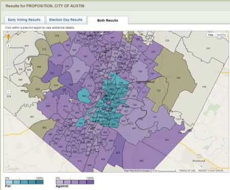 Screenshot of interactive map of Nov. 4th "urban rail" vote by precinct. Source: Travis County. (Click to enlarge.)