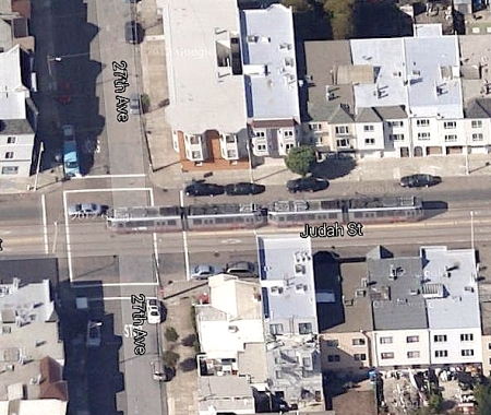 Light rail in Guadalupe and North Lamar could be modeled after San Francisco's N-Line route in Judah St., seen in this satellite view from Google Maps. Screenshot: Dave Dobbs.
