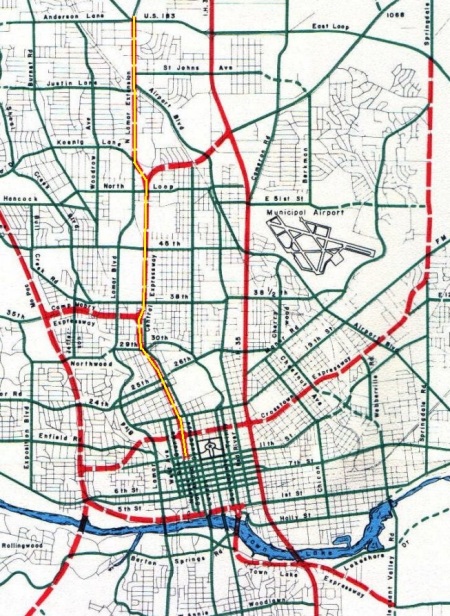 Central Freeway (annotated here with yellow line in center of dashed red line). (Click to enlarge.)