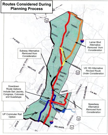 Route alternatives considered by the City-Capital Metro joint Rapid Transit Project, as presented in 2002. Guadalupe-Lamar remained the heart of the plan's route into the Core Area, as shown by the red line. Map: RTP. (Click to enlarge.)
