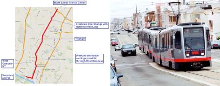 LEFT: Map of proposed 6.8-mile light rail route in Guadalupe-Lamar corridor. (Map: ARN.) RIGHT: San Francisco light rail train in dedicated lanes in Judah St., similar to Guadalupe-Lamar corridor. (Photo: Eric Haas.)