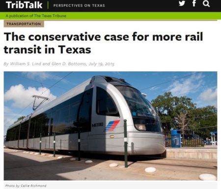 TribTalk op-ed headline with photo of Houston light rail train. (Screenshot: ARN)