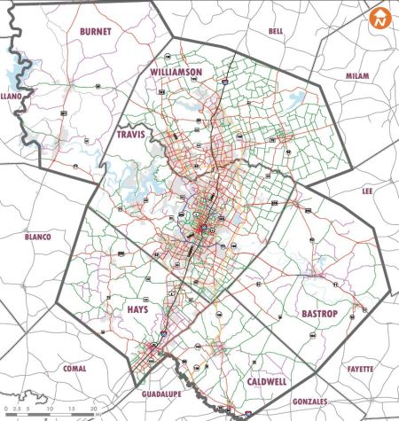 CAMPO's 2040 regional roadway plan emphasizes expanding web of roadways catering to real estate development, intensifying addiction to private motor vehicle travel, and accelerating sprawl. Map: CAMPO 2040 Draft Plan.