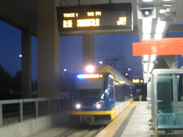 Blue Line train arriving at Airport Humphrey Terminal station. Photo: L. Henry.