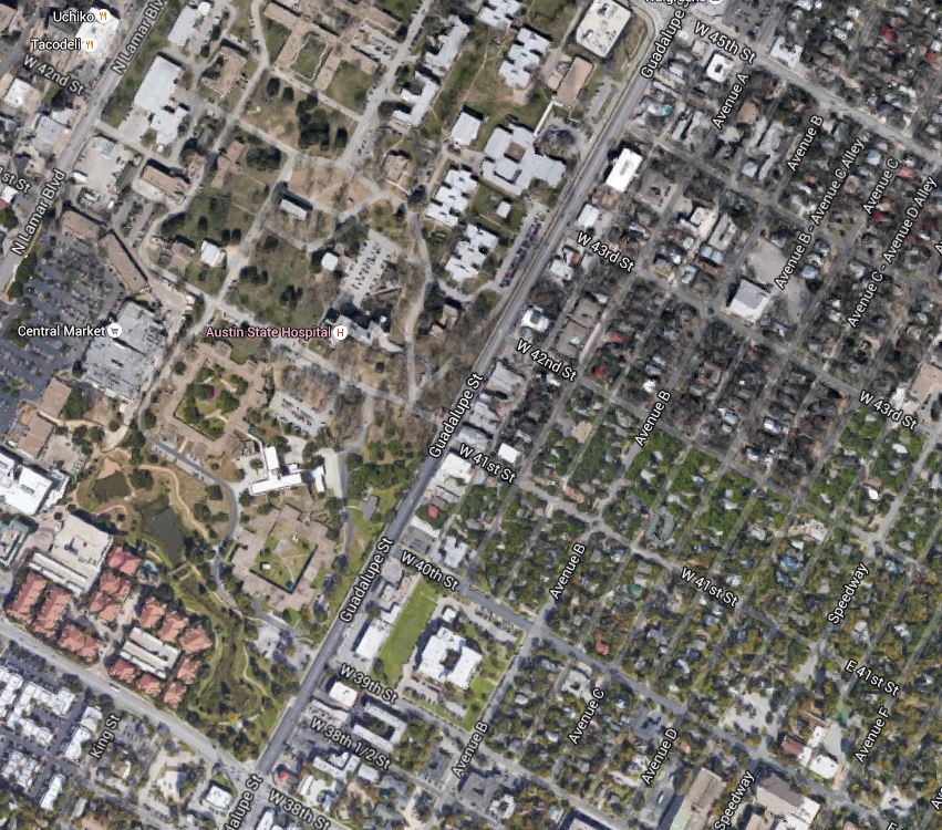 Aerial view of section of Guadalupe St. between 28th-45th St., showing MHMR bordering on west and established residential neighborhood on east side. Graphic: Google Earth. (Click to enlarge.)