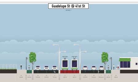Proposed LRT alignment in segment of Guadalupe between 38th-45th St. Graphic: Andrew Mayer. (Click to enlarge.)