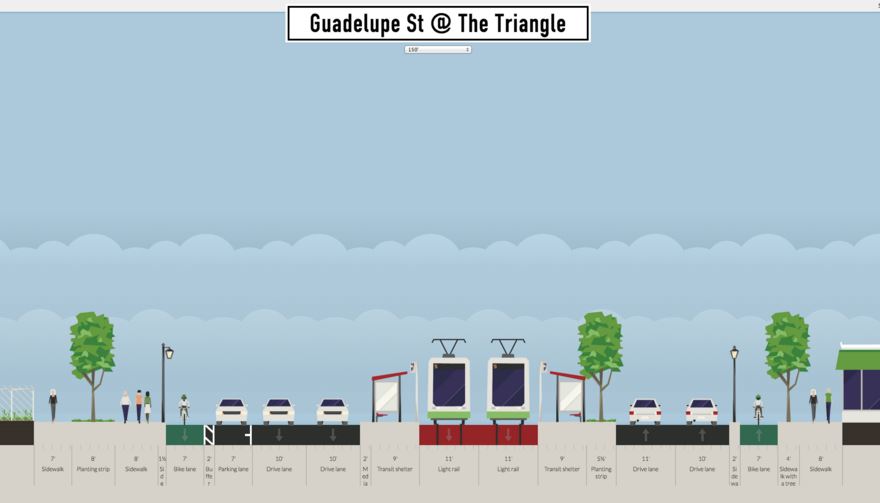Proposed LRT alignment past Triangle, with station. Graphic: Andrew Mayer. (Click to enlarge.)