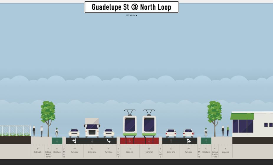 Proposed typical LRT alignment in North Lamar. Graphic: Andrew Mayer. (Click to enlarge.)