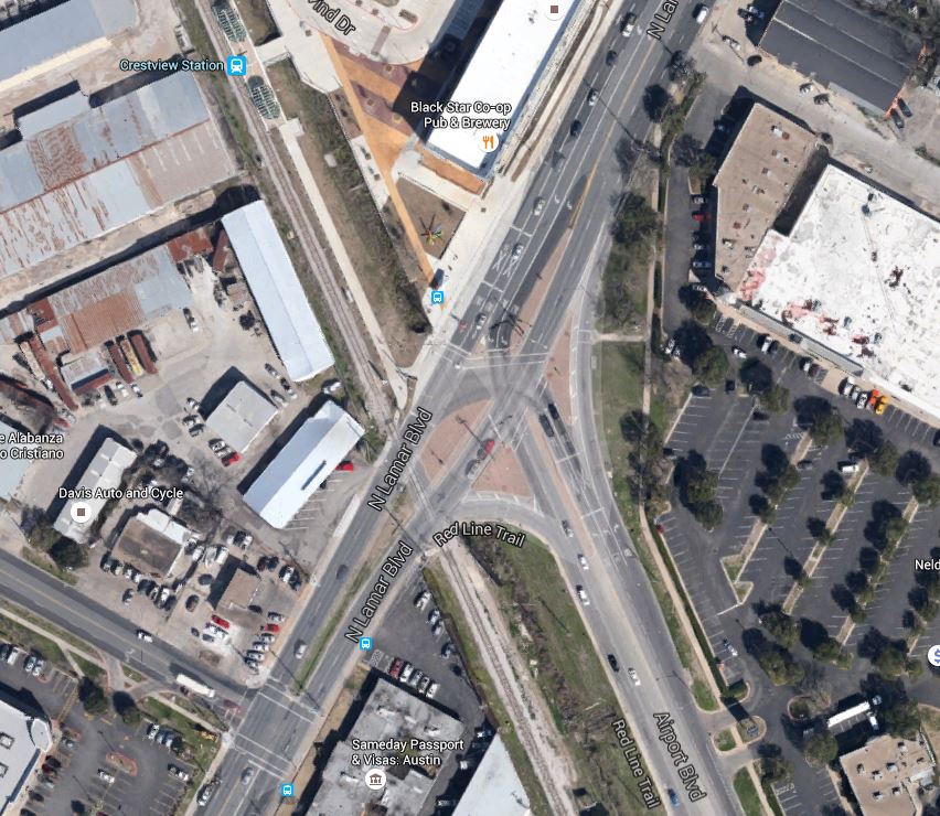 Aerial view of complex intersection of North Lamar with Airport Blvd. and Red Line alignment. Graphic: Google Earth. (Click to enlarge.)
