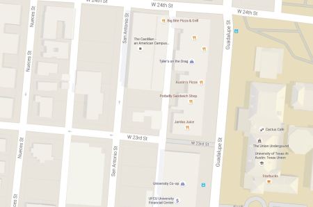 Map snippet shows Guadalupe St. at right (east), with University of Texas campus bordering on east side; San Antonio and Nueces St. in West Campus neighborhood (west of Guadalupe). Graphic: Google Maps. (Click to enlarge.)