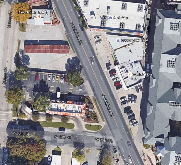 Aerial view of most constricted section of Guadalupe-Lamar corridor, between 24th-29th St. Graphic: Google Earth. (Click to enlarge.)