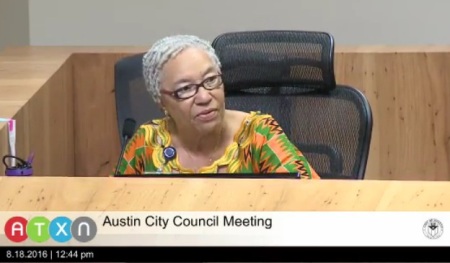 Councilmember Ora Houston in City Council meeting of Aug. 18th, during which she was only councilmember to vote against proposed "Go Big" bond package. Photo: Screen capture from ATXN video.