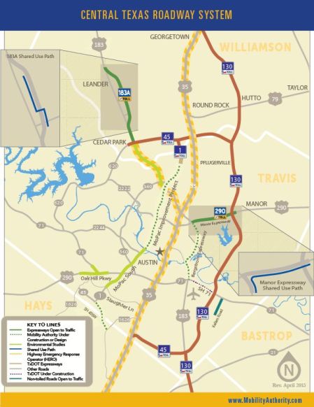 Central Texas Roadway System – brand-new highways (mostly tollways) under construction and planned. Map: CTRMA.