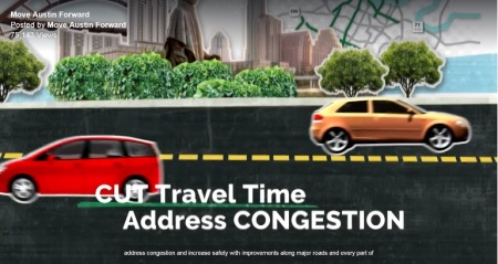 TV ad promoting "Mobility Bond" package focuses on benefits for private motor vehicle traffic.  Graphic: Screenshot of Move Austin Forward TV ad.