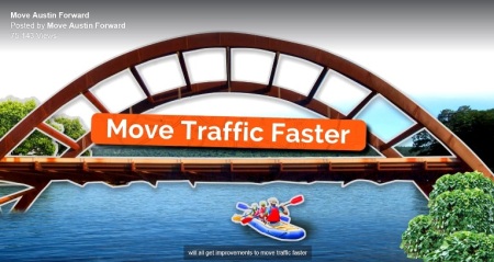 Another TV ad screenshot promoting "Mobility Bond" package promises that bonds will "Move Traffic Faster".  Graphic: Screenshot of Move Austin Forward TV ad.